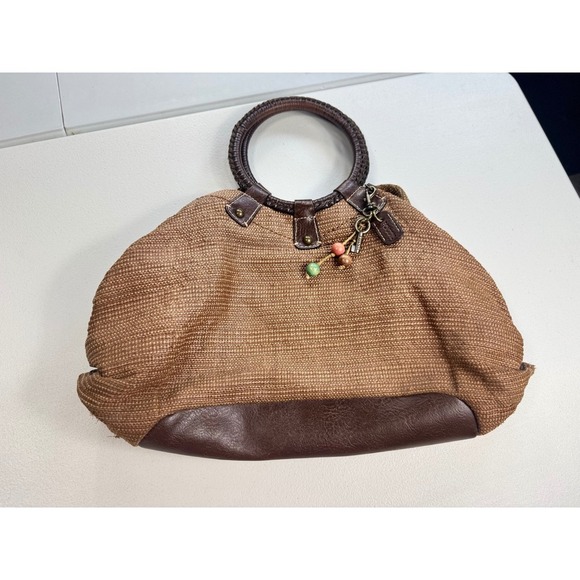 Fossil Brown Woven Circle Handle Satchel Bag Charm Floral Interior - Picture 1 of 12